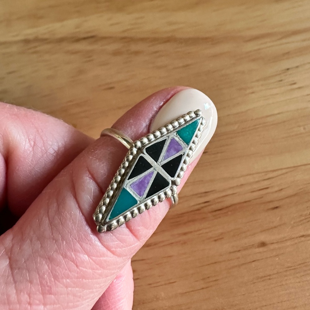 Geometric Silver Ring with Purple and Green inlay accents
